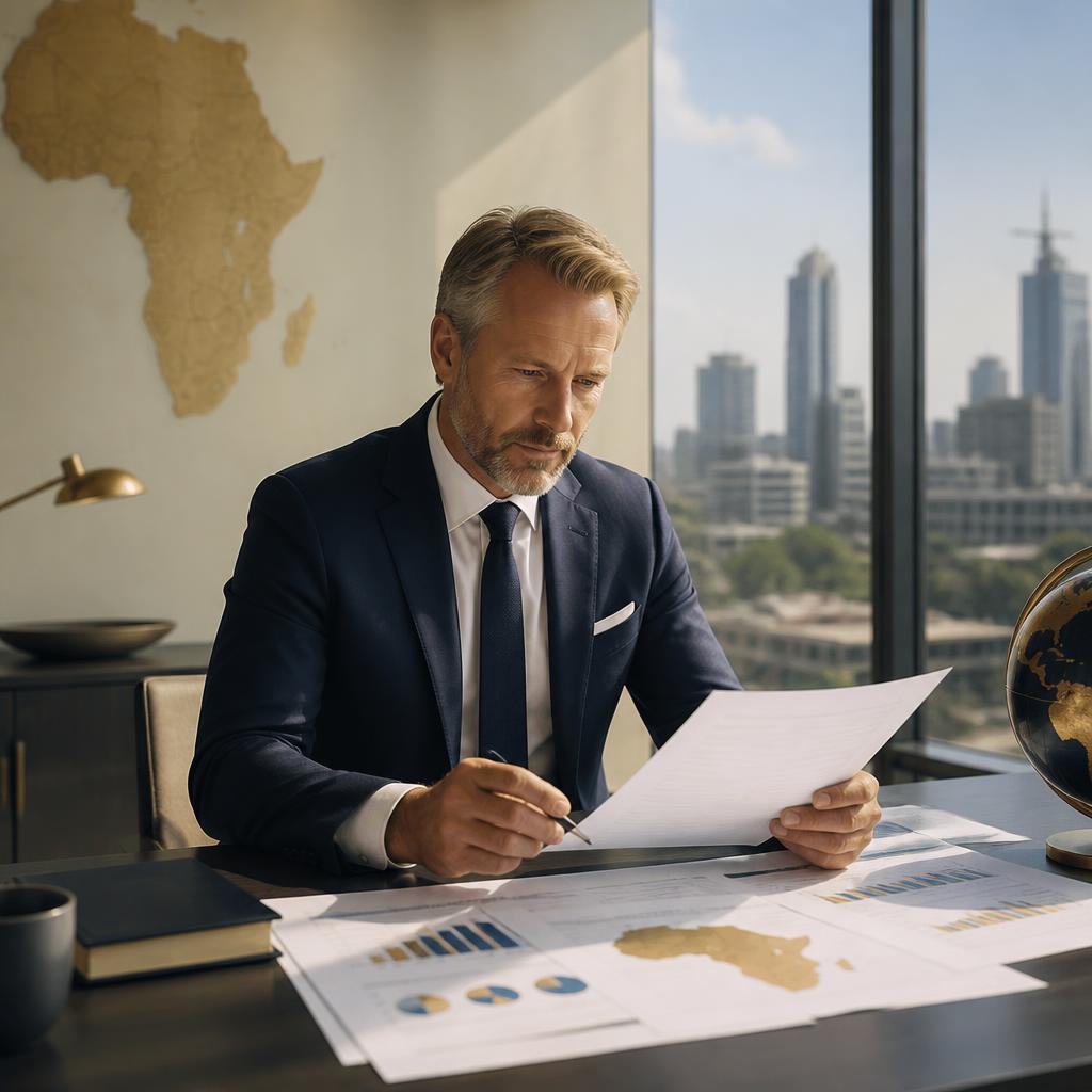 Scandinavian business professional reviewing market strategy documents with African city skyline and continent outline in background