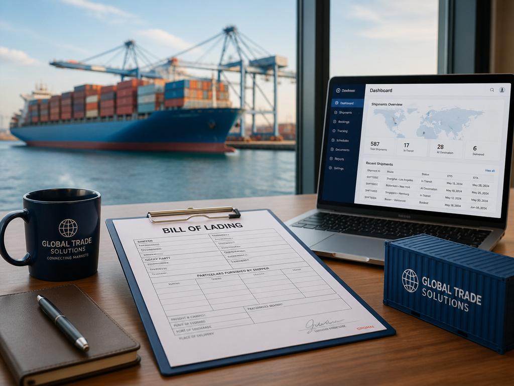Bill of Lading document on a desk with a container ship and logistics dashboard in the background