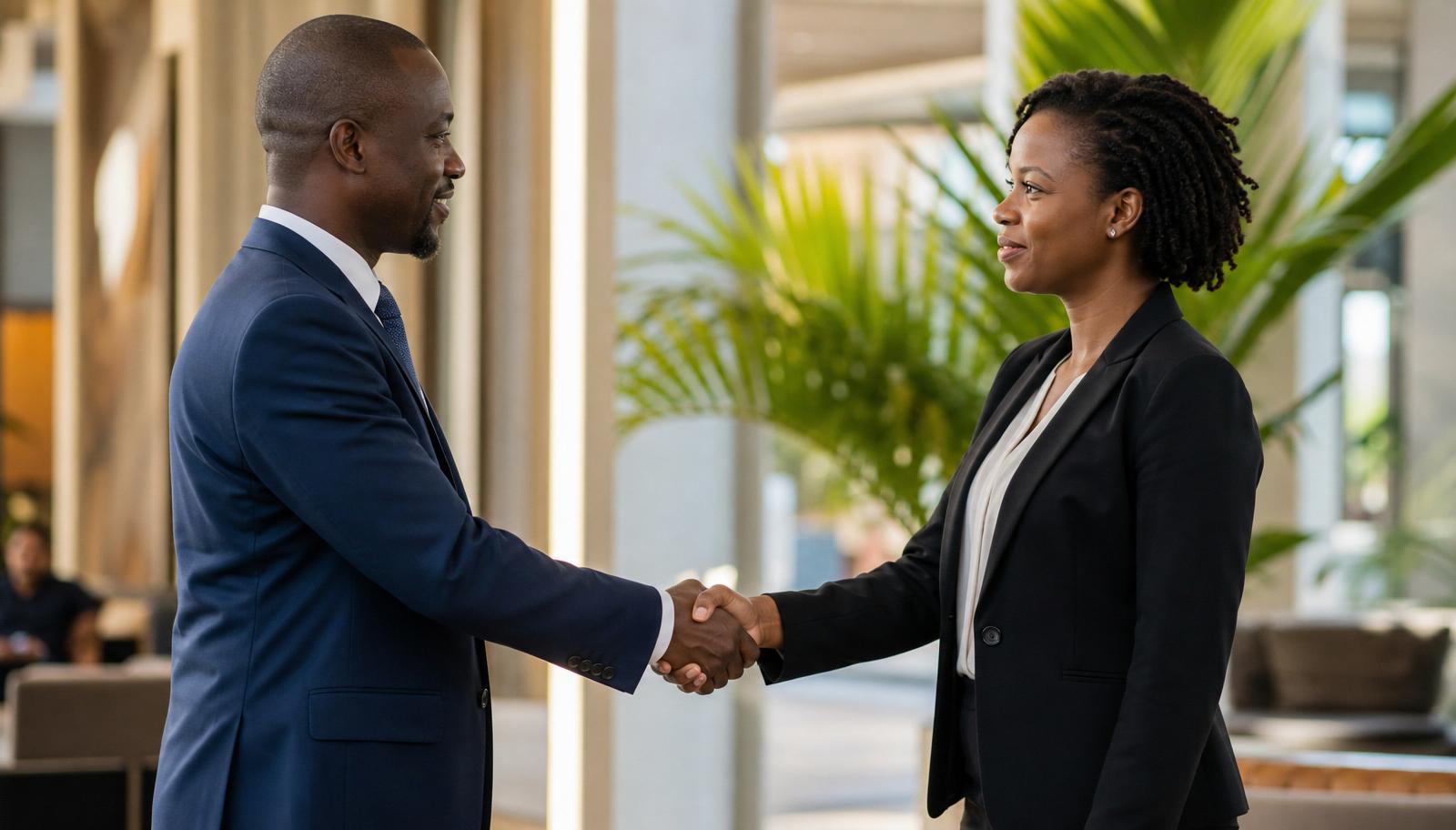 Two business professionals shaking hands in a modern West African office