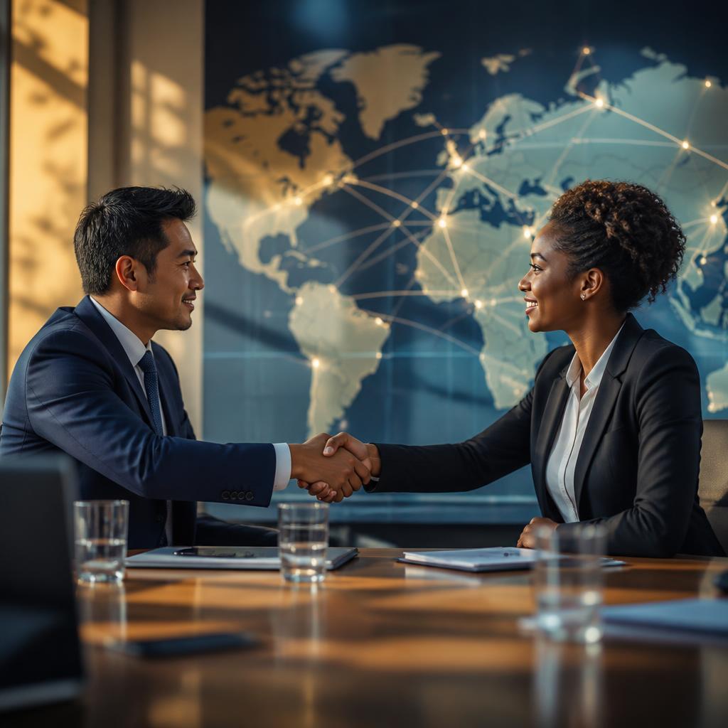 Two international business professionals shaking hands across a conference table with a world map and connecting lines in the background