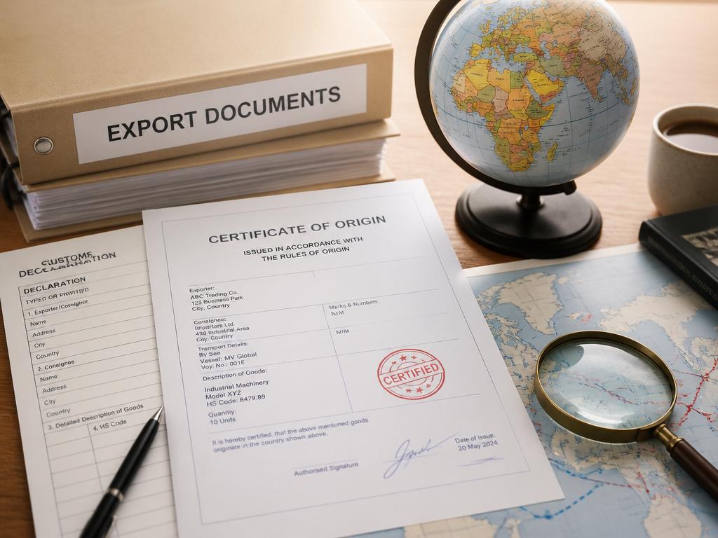 Certificate of Origin document with globe, export folder, customs declaration and magnifying glass over a world map