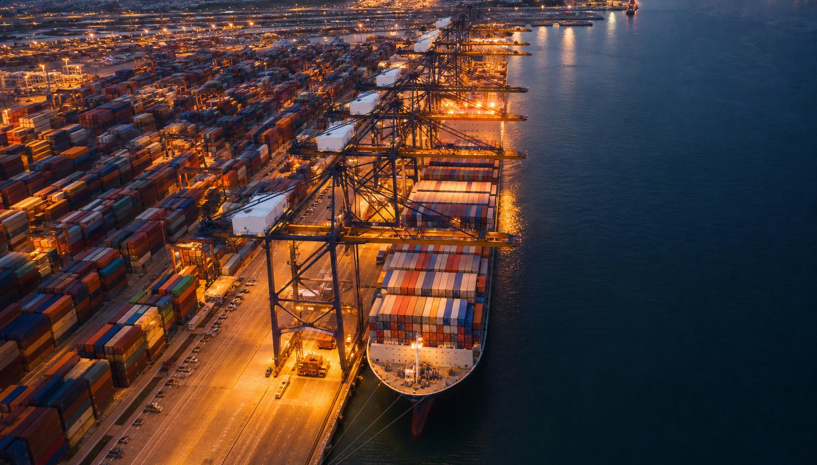 Aerial view of a modern container terminal at dusk with cranes and cargo ship