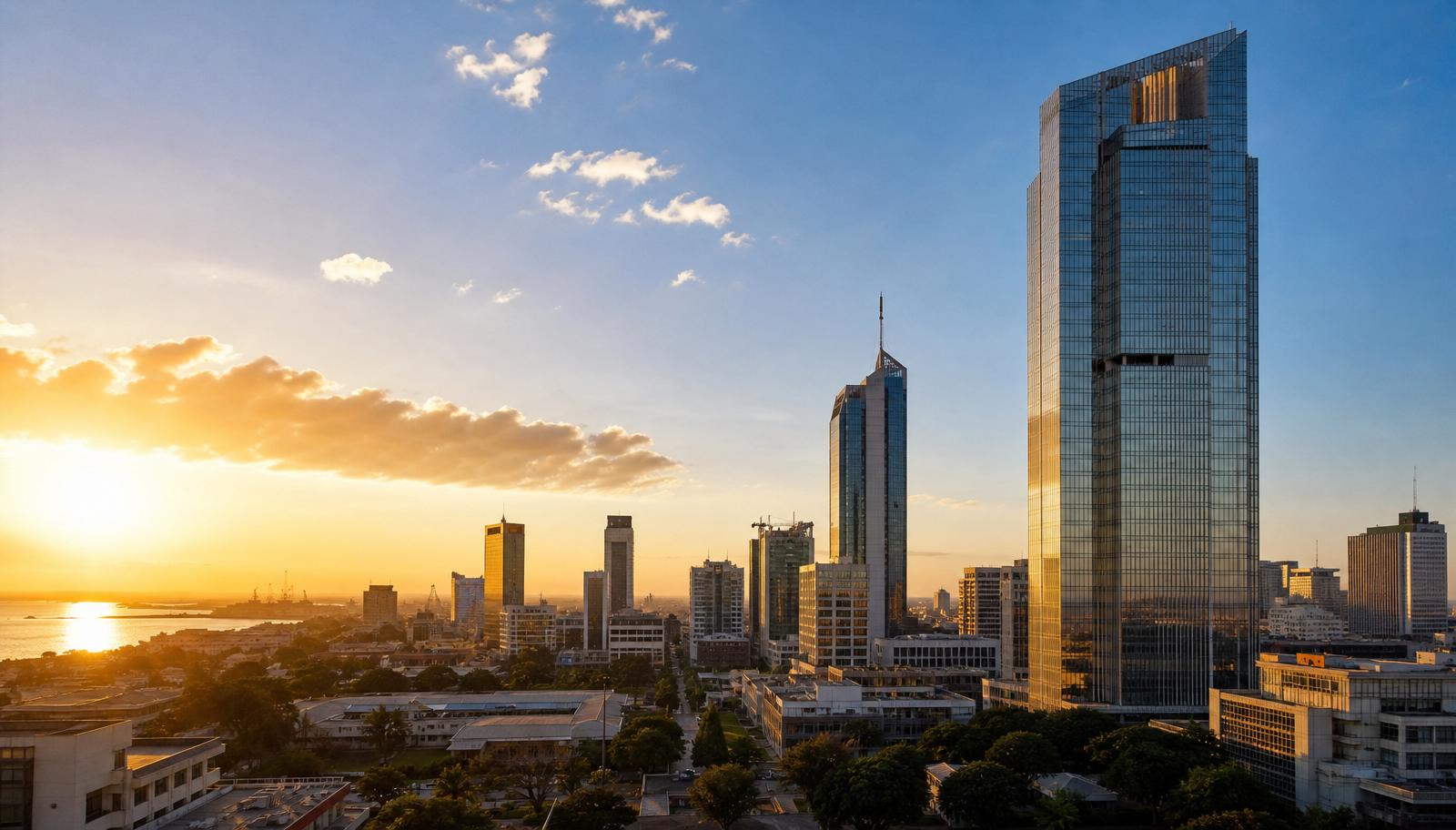Modern African business district skyline at golden hour