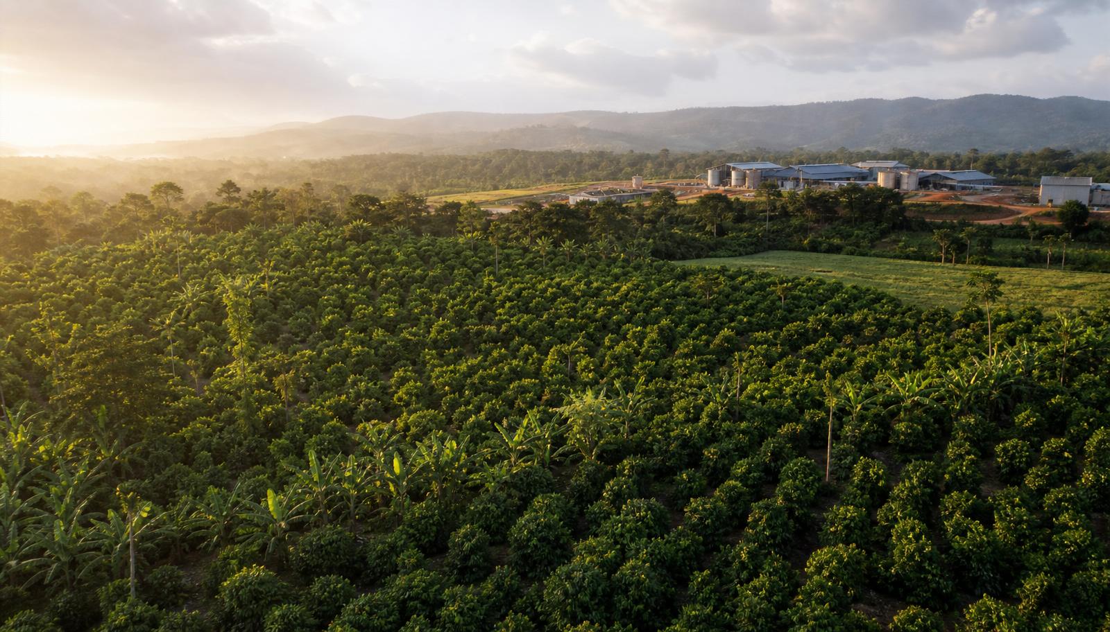 Aerial view of a lush agricultural plantation and processing facility in Côte d'Ivoire