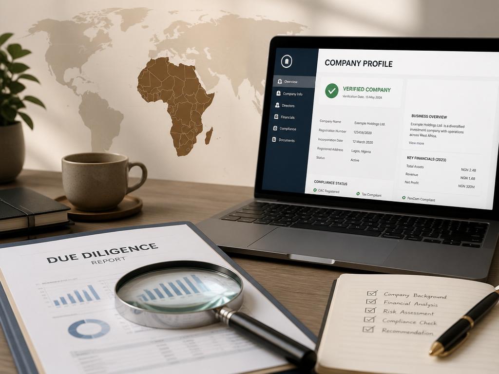 Due diligence report with magnifying glass, laptop showing verified company profile and Africa map