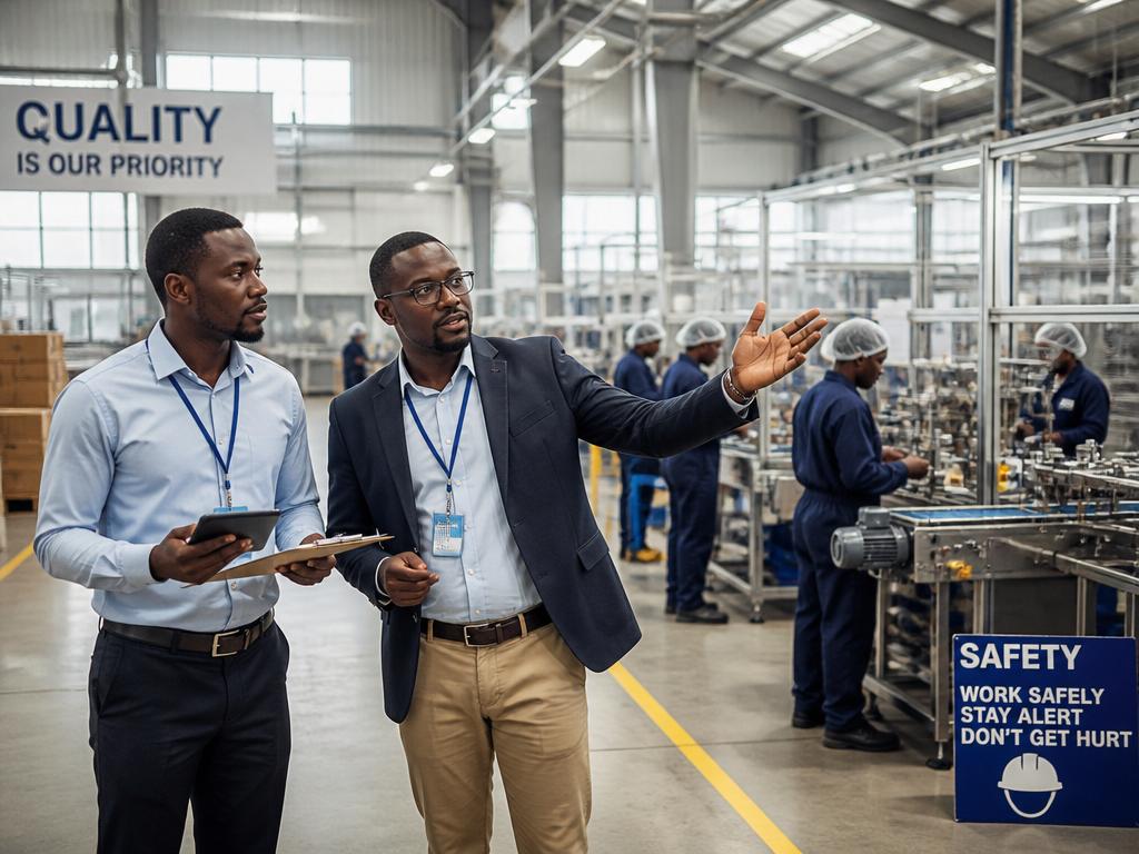 Factory manager and inspector reviewing production lines during a factory inspection