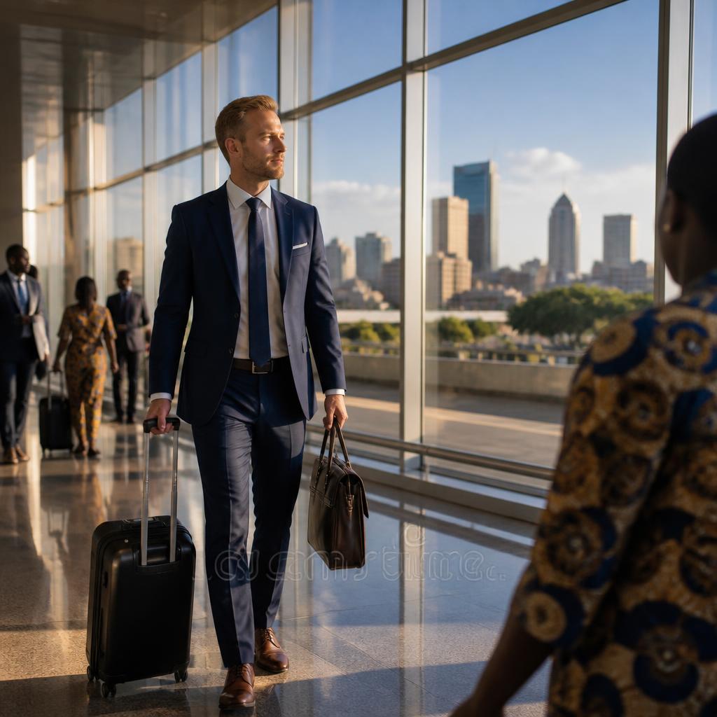 Scandinavian business executive arriving at a modern African airport with a carry-on suitcase and briefcase, city skyline visible in the background