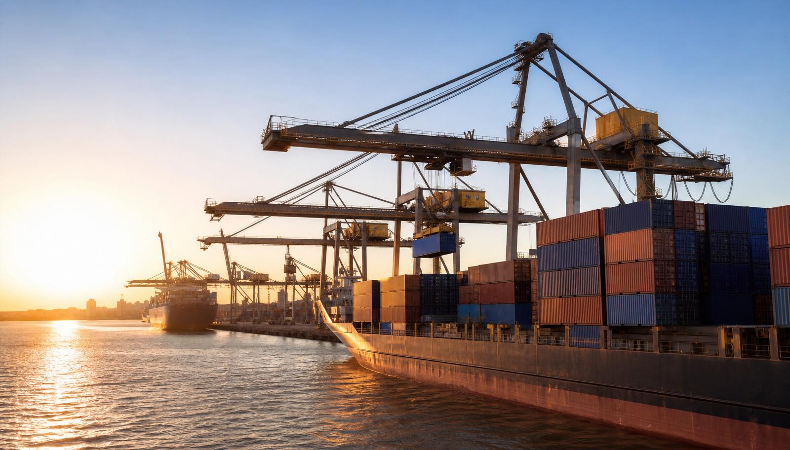 Container ship loading at an African port with cranes at sunset