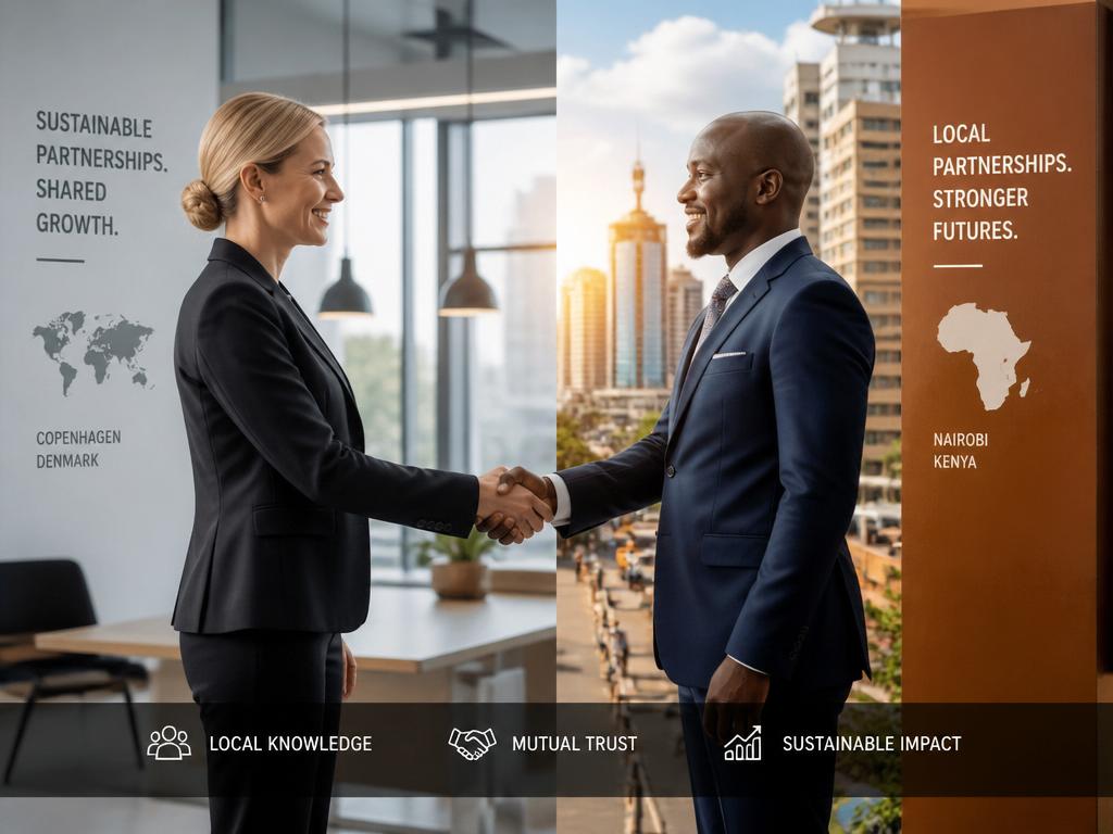 Scandinavian and African business professionals shaking hands, symbolising a local partnership across continents
