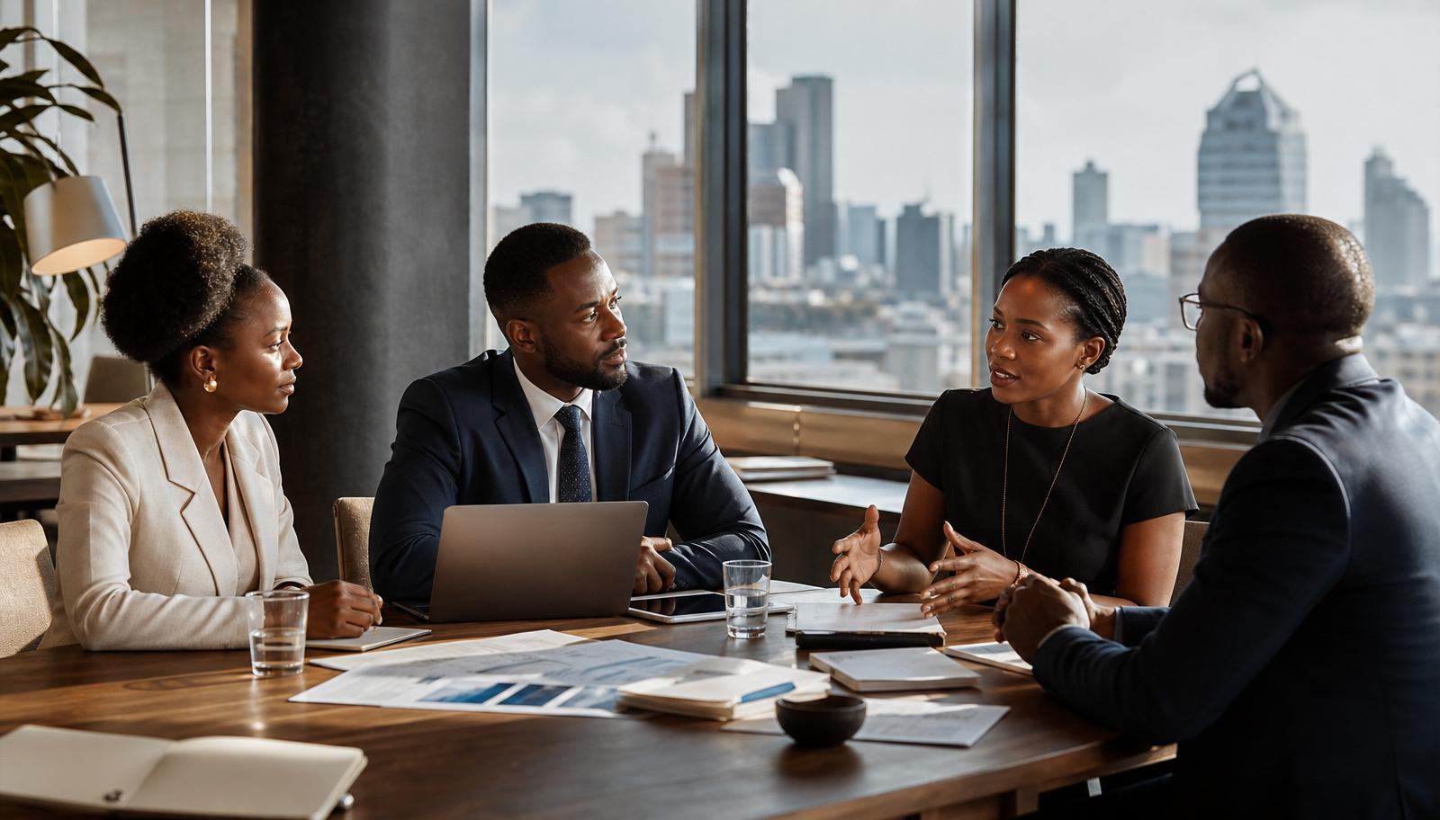 Professional business team meeting in a modern African office with city skyline