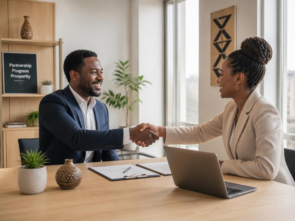 Two business professionals shaking hands across a conference table with signed agreement and laptop