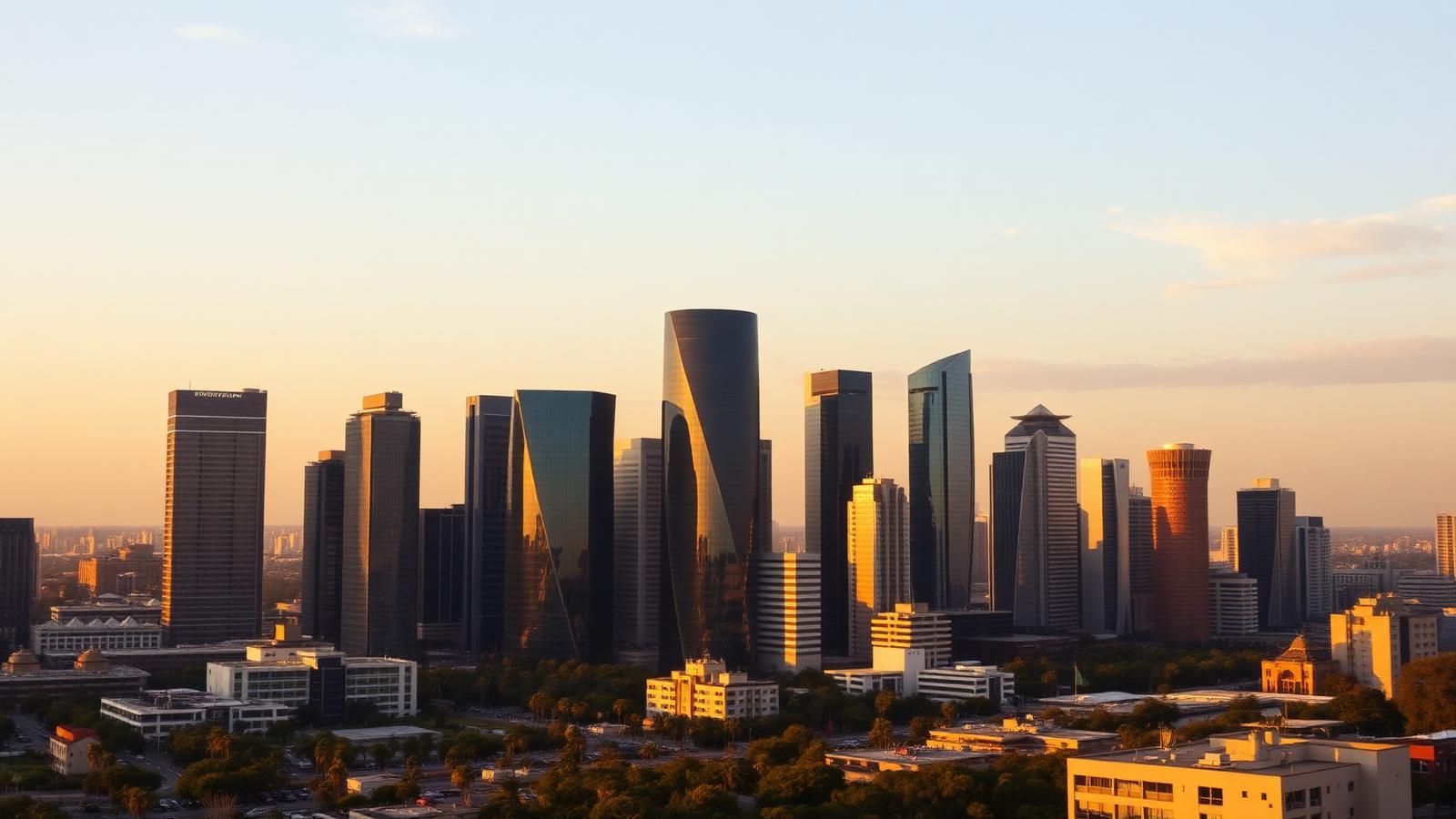 Modern African city business district at golden hour