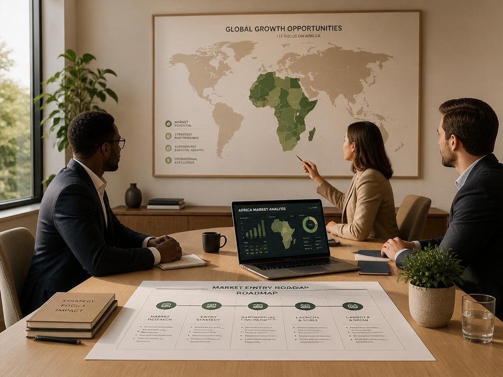 Business team reviewing Africa market entry roadmap and analysis in a modern meeting room