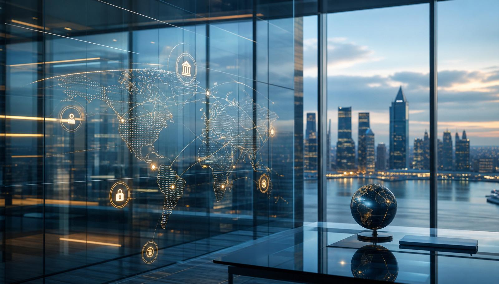 Modern international banking office with digital world map and secure payment icons