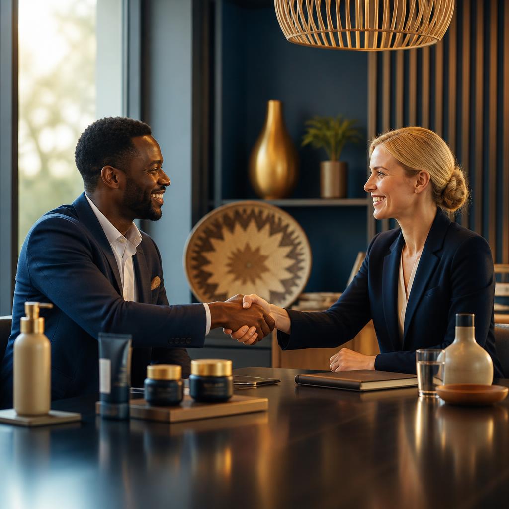 African and Scandinavian business professionals shaking hands in a modern meeting room, symbolising a trusted international partnership