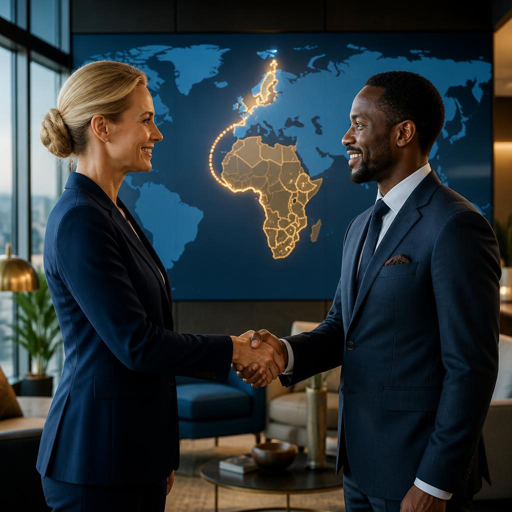Scandinavian and African business professionals shaking hands in front of a world map connecting Scandinavia and Africa