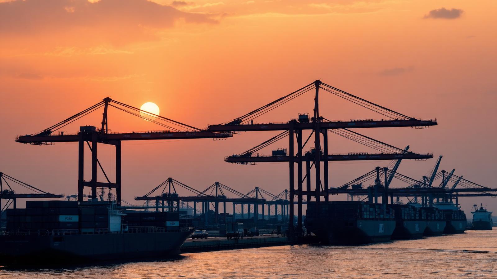 West African container port at dusk with cranes and cargo ships