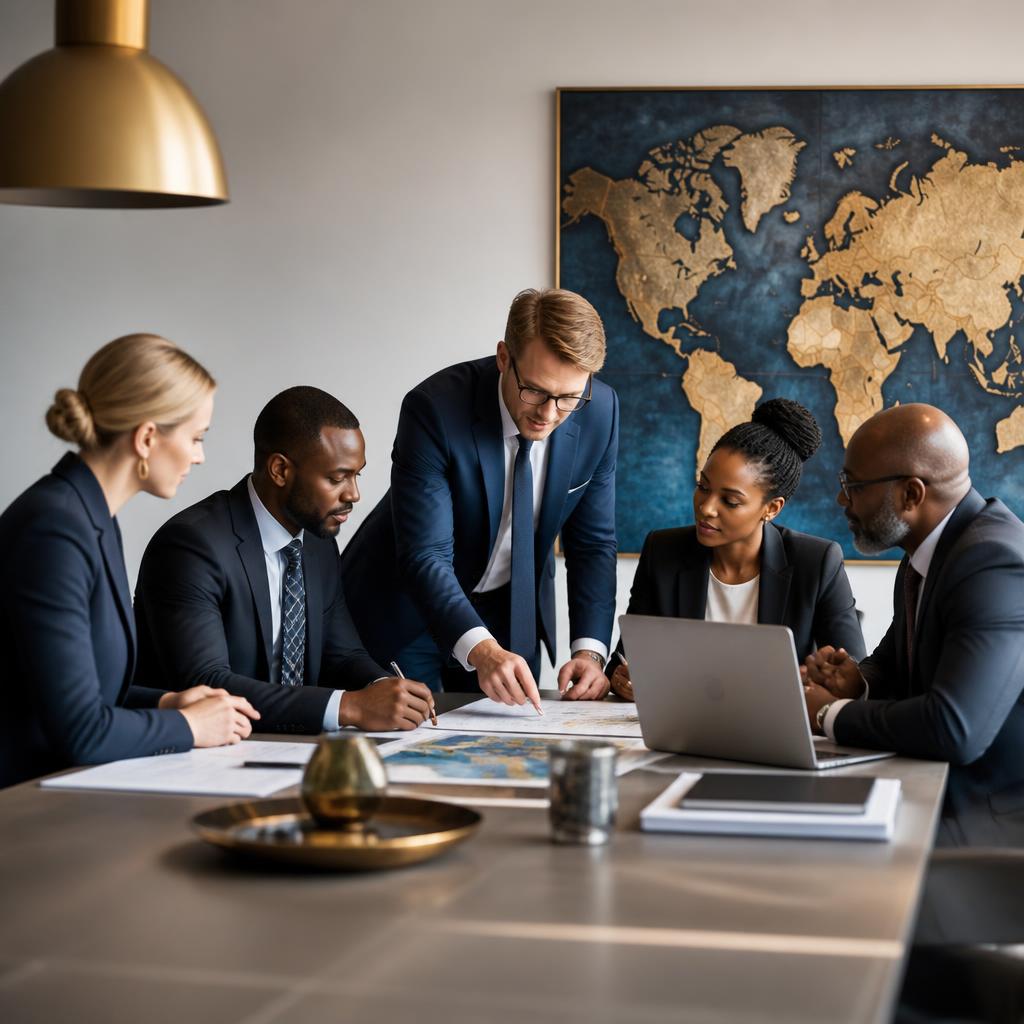 Diverse Scandinavian and African business team reviewing documents and maps together in a modern meeting room