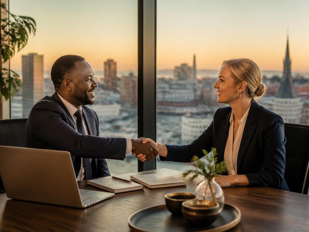 Two business professionals shaking hands across a desk with a city skyline at sunset